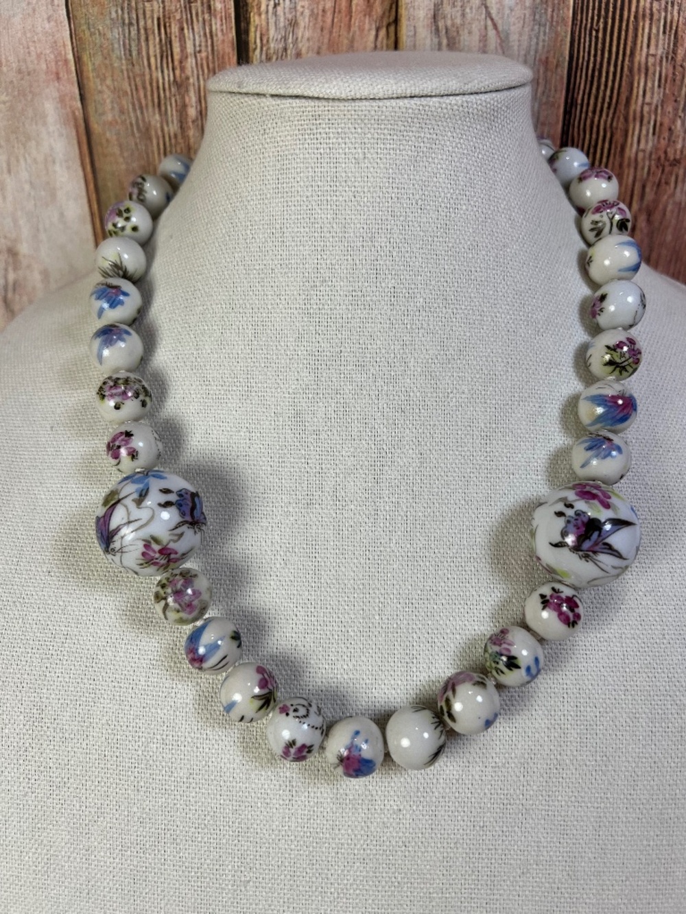 Vintage Chinese Hand Painted Porcelain Butterfly, Bird & Floral Bead Necklace